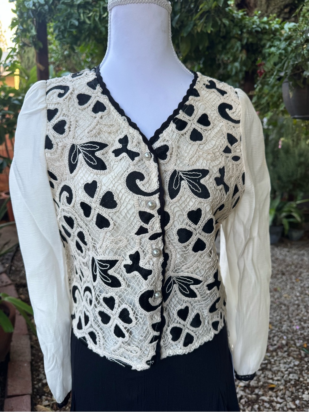 Women's Black and Cream Lace Overlay Blouse
